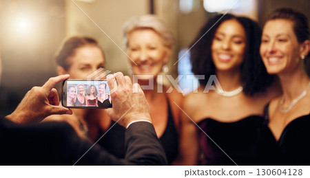 Phone, photography or friends in a party in celebration of goals or new year at fancy luxury night event. Girls, screen or happy women take pictures for social media at dinner gala or fun birthday 130604128