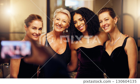 Phone photography, happy or friends in a party to celebrate goals or new year at fancy luxury event. Girls night, camera pov or people take pictures for social media at dinner gala or fun birthday 130604135