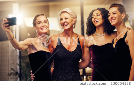 Smile, selfie or senior women in a party in celebration of goals or new year at fancy luxury event. Friends, photography or happy people take pictures for social media at dinner gala or fun birthday 130604138