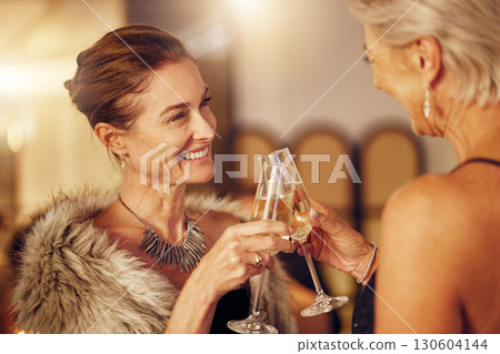 Success, women or toast in a party for goals, winning or new year at luxury social event. Mature, celebration or happy senior friends cheers with champagne drinks or wine glasses at a fun dinner gala Success, women or toast in a party for goals, winning or new year at luxury social event. Mature, celebration or happy senior friends cheers with champagne drinks or wine glasses at a fun dinner gala 130604144