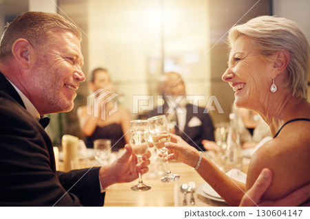 Senior, party or couple of friends toast in celebration of goals or achievement at luxury social event. Motivation, funny or happy people cheers with champagne drinks or wine glasses at dinner gala 130604147