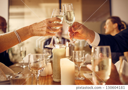 Success, hands or toast in a party in celebration of goals, achievement or new year at luxury event. Motivation, congratulations or people cheers with champagne drinks or wine glasses at dinner gala 130604181