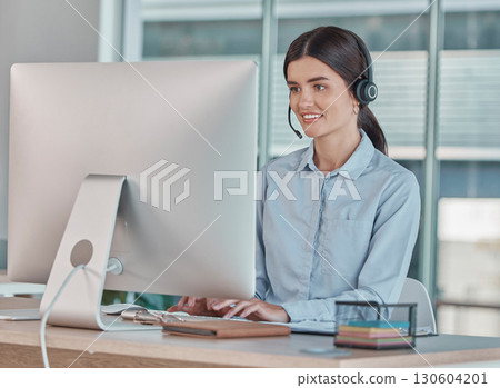 Call center, consultation and woman with a computer for support online, telemarketing and advice. Contact us, communication and customer service agent in web assistant, operation and helpline 130604201
