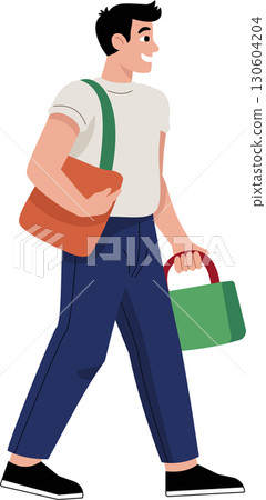 A happy man walk happily, holding bags and shopping bags from a store 130604204