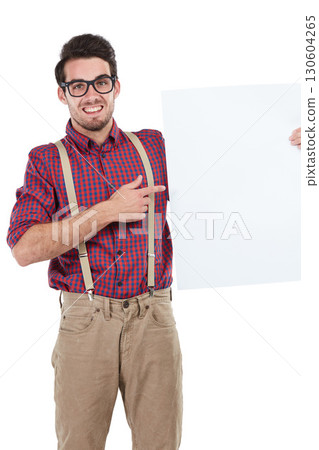 Portrait, banner and portrait of man in studio with paper, billboard and mockup on white background. Face, placard and young entrepreneur excited about advertising, space and standing isolated 130604265