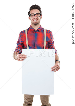 Portrait, man and billboard in studio for advertising, space or billboard branding on white background. Face, paper and mock up by handsome guy with banner, marketing and smile, happy and isolated Portrait, man and billboard in studio for advertising, space or billboard branding on white background. Face, paper and mock up by handsome guy with banner, marketing and smile, happy and isolated 130604266