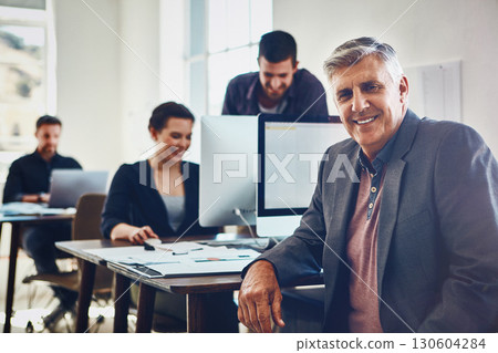 Senior, portrait and business man in office or company workplace. Leadership, ceo and happy elderly male employee working on marketing report, advertising or sales project with coworkers in company. Senior, portrait and business man in office or company workplace. Leadership, ceo and happy elderly male employee working on marketing report, advertising or sales project with coworkers in company. 130604284