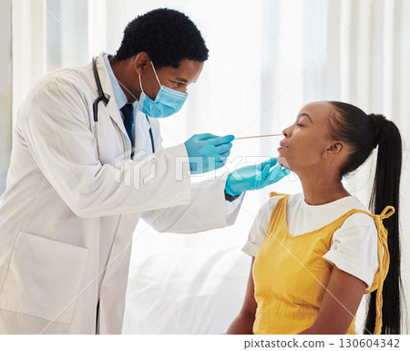 Doctor, patient or covid swab test in hospital checkup, clinic wellness or bacteria virus control. Black woman, cotton or nose with healthcare worker in disease sample, medical research or compliance Doctor, patient or covid swab test in hospital checkup, clinic wellness or bacteria virus control. Black woman, cotton or nose with healthcare worker in disease sample, medical research or compliance 130604342