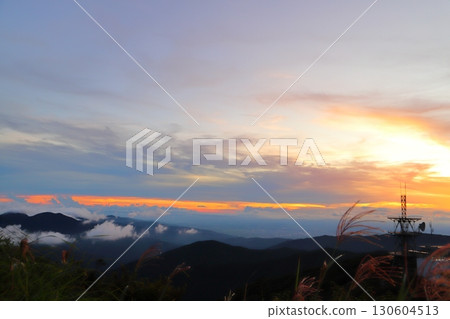 Evening view from Mt. Wanizuka, sunset sky, radio tower Evening view from Mt. Wanizuka, sunset sky, radio tower 130604513