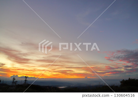 Evening view from Mt. Wanizuka, sunset sky, radio tower Evening view from Mt. Wanizuka, sunset sky, radio tower 130604516