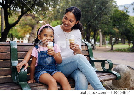 Black family, park and ice cream with a mother and daughter bonding together while sitting on a bench outdoor in nature. Summer, children and garden with a woman and girl enjoying a sweet snack 130604605