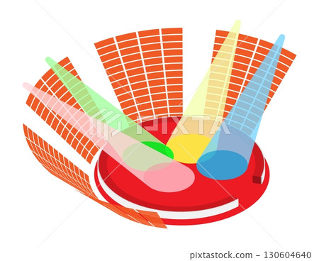 Isometric Circus arena surrounded by rows of spectator seats in the rays of multi colored spotlights. Realistic 3D vector concept isolated on white background 130604640