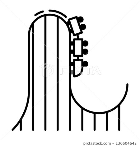 Line icon. Train of connected open air carriages on wheels rushes down a steep roller coaster. Simple black and white vector isolated on white background Line icon. Train of connected open air carriages on wheels rushes down a steep roller coaster. Simple black and white vector isolated on white background 130604642