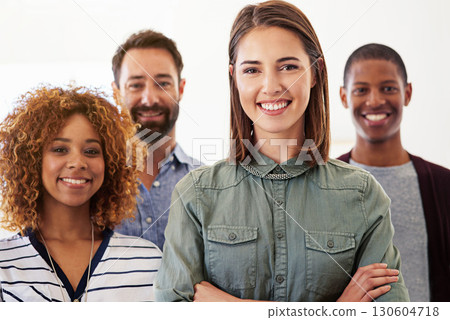 Portrait, teamwork or leadership with a business woman and her management team standing arms crossed together. Collaboration, diversity and manager with a female employee in leadership of a group 130604718