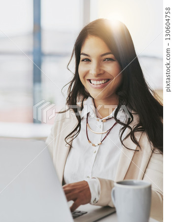 Happy, laptop and portrait of woman in office for email, research and social media news. Website, technology and internet with corporate employee at desk for networking, information and connection Happy, laptop and portrait of woman in office for email, research and social media news. Website, technology and internet with corporate employee at desk for networking, information and connection 130604758