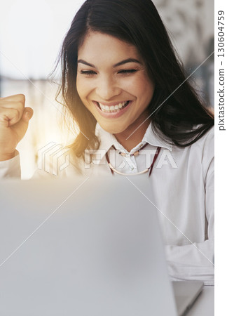 Laptop, winning and business woman with fist pump for online success, stock market trading and target celebration. Winner, yes and excited professional person on email promotion, lottery or good news Laptop, winning and business woman with fist pump for online success, stock market trading and target celebration. Winner, yes and excited professional person on email promotion, lottery or good news 130604759