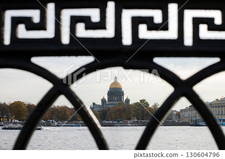 Saint Isaacs Cathedral is viewed through a decorative black iron fence Saint Isaacs Cathedral is viewed through a decorative black iron fence 130604796