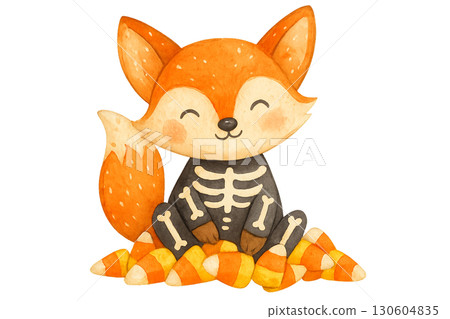 Cute woodland fox wearing skeleton costume with bright orange accents playfully seated in candy corn pile PNG transparent background Cute woodland fox wearing skeleton costume with bright orange accents playfully seated in candy corn pile PNG transparent background 130604835
