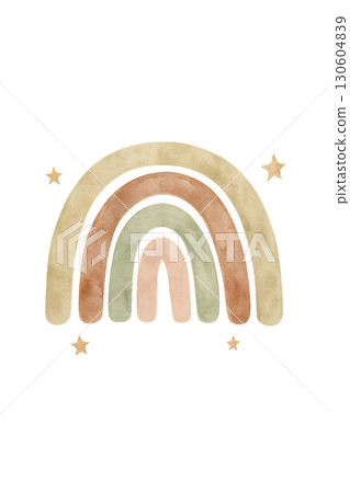 Single muted boho rainbow with earthy pastel tones on transparent background PNG illustration using clean lines 130604839