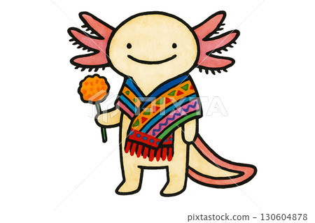 Cute axolotl tourist wearing colorful embroidered Mexican sarape scarf and holding maracas with transparent background PNG 130604878