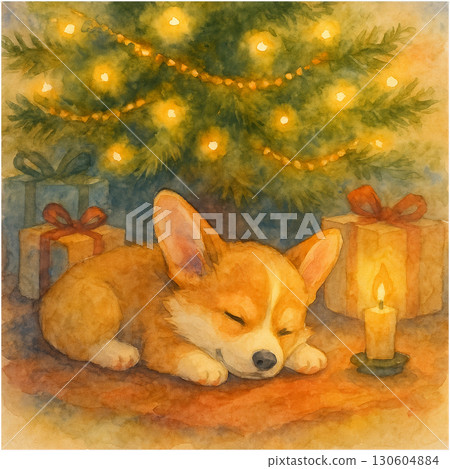 Watercolor Corgi Puppy Sleeping Beneath Twinkling Christmas Tree with Gifts and Garlands on Transparent PNG 130604884