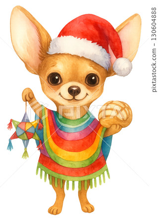 Adorable playful Chihuahua wearing Santa hat and scarf on transparent PNG with festive holiday decorations 130604888