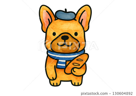 Cute French bulldog tourist wearing beret and striped scarf holding small camera on transparent background PNG image 130604892