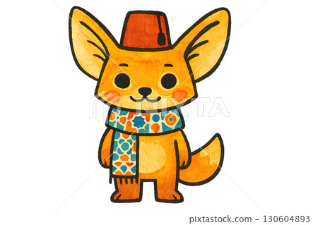 Adorable fennec fox tourist wearing a red fez and colorful mosaic scarf PNG image with transparent background 130604893