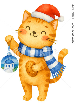 Christmas greeting scene with cute playful cat wearing holiday scarf on transparent background with watercolor effect 130604895
