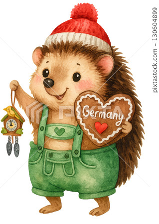 Adorable holiday hedgehog wearing festive hat surrounded by Christmas ornaments on transparent background 130604899