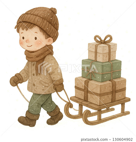 Adorable Little Boy Pulling Wooden Sled Filled With Wrapped Gifts Snow Dusted Soft Winter Scene Transparent Png Background 130604902
