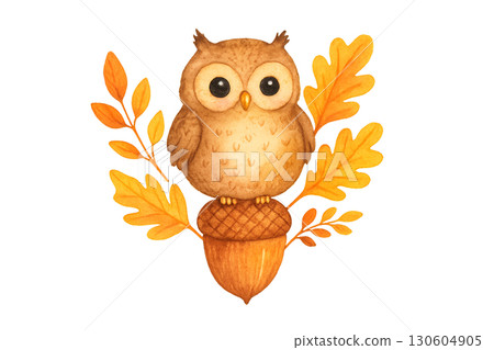 Adorable little owl perched on a large acorn and surrounded by bright autumn foliage on a transparent PNG background 130604905