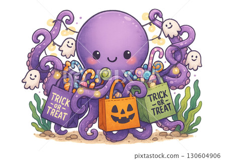 Playful purple octopus entangled in colorful Halloween treat bags filled with assorted candies on transparent PNG background 130604906