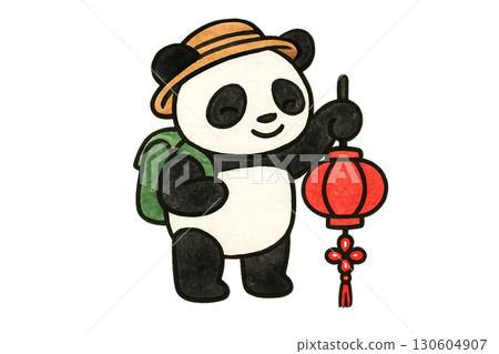 Adorable panda cub traveler in China carrying red lantern and lucky knot charm on transparent PNG background 130604907
