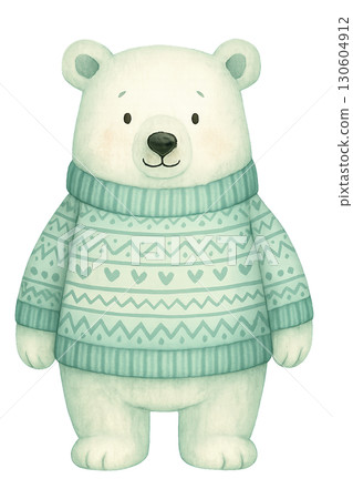 Adorable polar bear wearing festive winter sweater with decorative patterns on transparent background 130604912