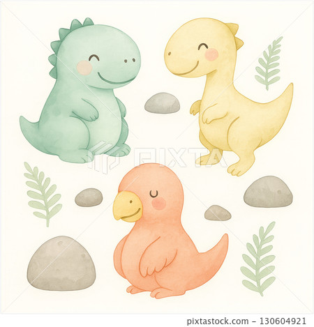 Three whimsical round-bodied dinosaurs with playful expressions in soft mint tones on transparent background PNG clean lines 130604921
