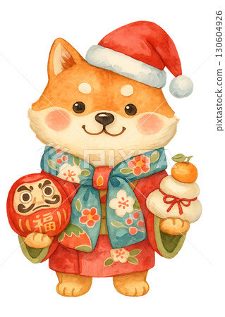 Festive Shiba Inu puppy wearing Santa hat sitting on holly berry wreath isolated on transparent PNG background 130604926