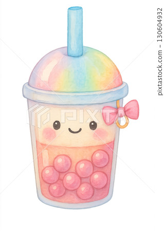 Adorable smiling bubble tea cup with watercolor effect and clean lines on transparent background 130604932