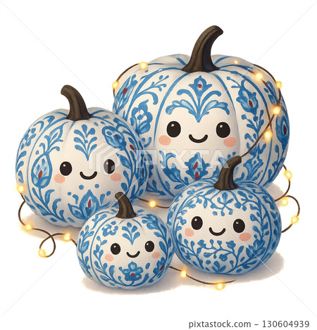 Cute pumpkin decorations featuring Iznik tile pattern surfaces and glowing fairy light string transparent background PNG with alpha channel coverage 130604939