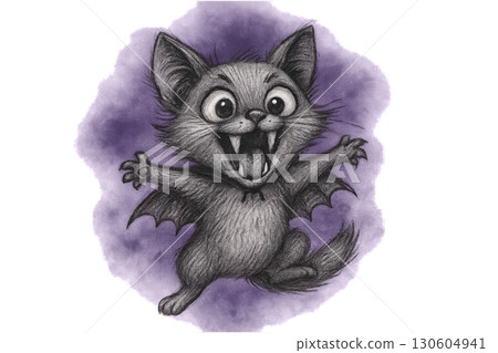 adorable vampire kitten illustration with exaggerated fangs and dramatic poses floating within atmospheric purple fog on transparent PNG background 130604941