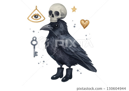 Adorable watercolor crow wearing tiny black boots balancing silver skull on its head surrounded by floating crystals PNG transparent background Clean Lines 130604944