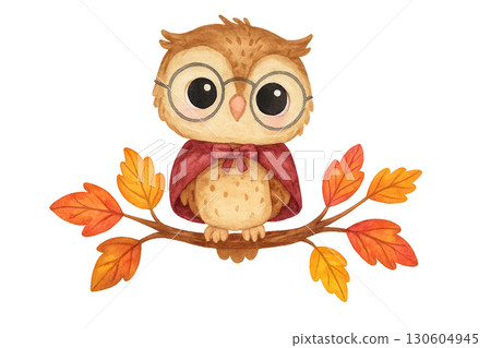 Cute Owl Wearing Round Spectacles and Tiny Cape Perched Amid Autumn Leaves on Transparent Background 130604945