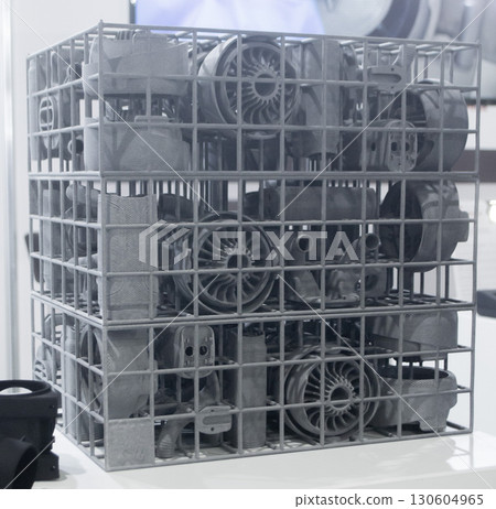 Object printed on 3D printer from molten plastic powder close-up. Model printed on 3D printer from melted polyamide powder. New modern additive 3D printing technology. Multi Jet Fusion MJF technology 130604965