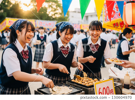 Smiling high school girls making yakisoba and takoyaki in the schoolyard bustling with activity at the school festival 130604970