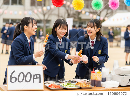 Smiling high school girls making kebabs in the schoolyard during the school festival 130604972