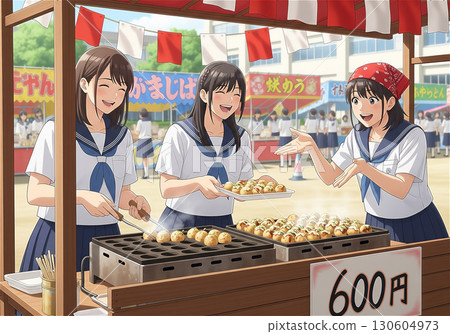 Smiling high school girls making takoyaki in the schoolyard during the school festival 130604973