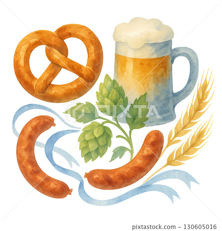 Asymmetric Watercolor Illustration Featuring Pretzel And Stein With Sausages Curving Around Hops And Wheat On Transparent Background 130605016