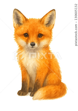 Adorable young red fox cub sitting among bright autumn leaves with transparent background PNG illustration 130605132