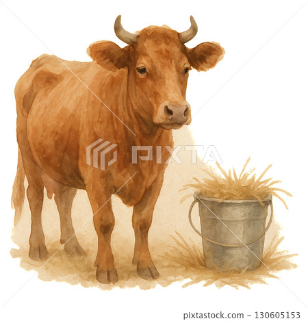 Brown dairy cow with calm gaze and soft fur standing beside rustic metal bucket on transparent background PNG 130605153