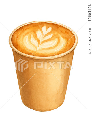 Close up view of a spiced pumpkin flavored latte beverage served in kraft paper to go cup on transparent background 130605198